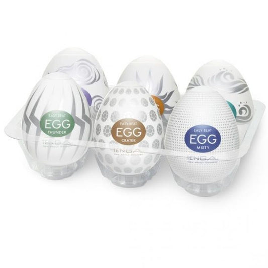 Pack de 6 œufs masturbateur assortis EasyBeat de la marque TENGA, vue de la boîte et de ses oeufs à l'intérieure