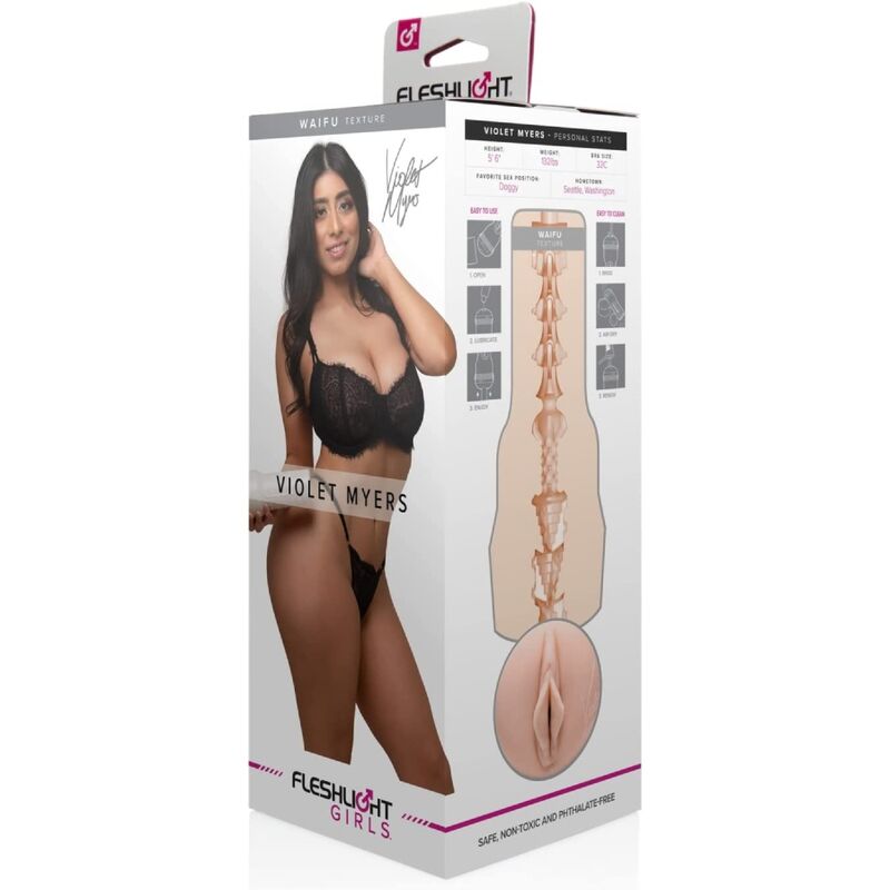 Masturbateur en forme de vagin de la star porno Violet Myers Waifu de la marque fleshlight vue de la star dans ca boîte ainsi que de la forme de l'intérieur du masturbateur