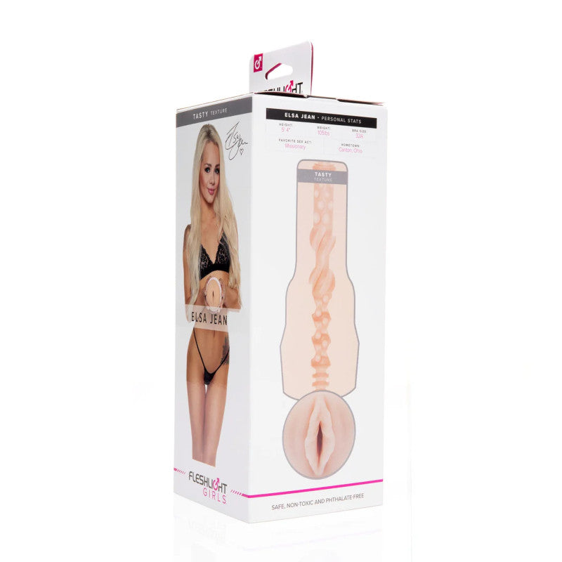 Masturbateur Elsa Jean Tasty Vagina de la gamme FleshGirl de la marque FleshLight, vue de la boîte de côté partie avant