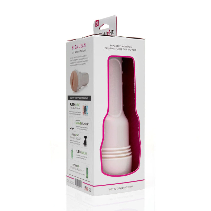 Masturbateur Elsa Jean Tasty Vagina de la gamme FleshGirl de la marque FleshLight, vue de la boîte de côté partie arrière