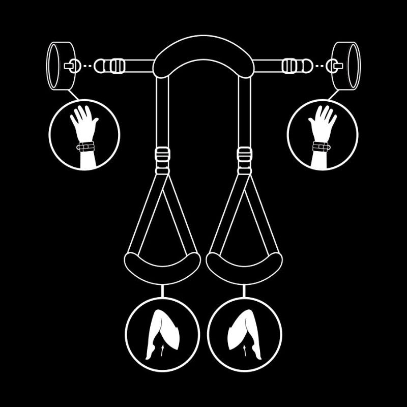 Position jambes ouvertes avec menottes doublées en néoprène - FETISH SUBMISSIVE BONDAGE vue détaillé en dessin de l'utilisation du produit