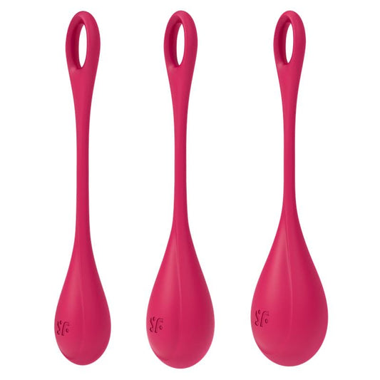 Vue de face des trois boules de geisha rouges Satisfyer Yoni Power 1, avec poignées en boucle.
