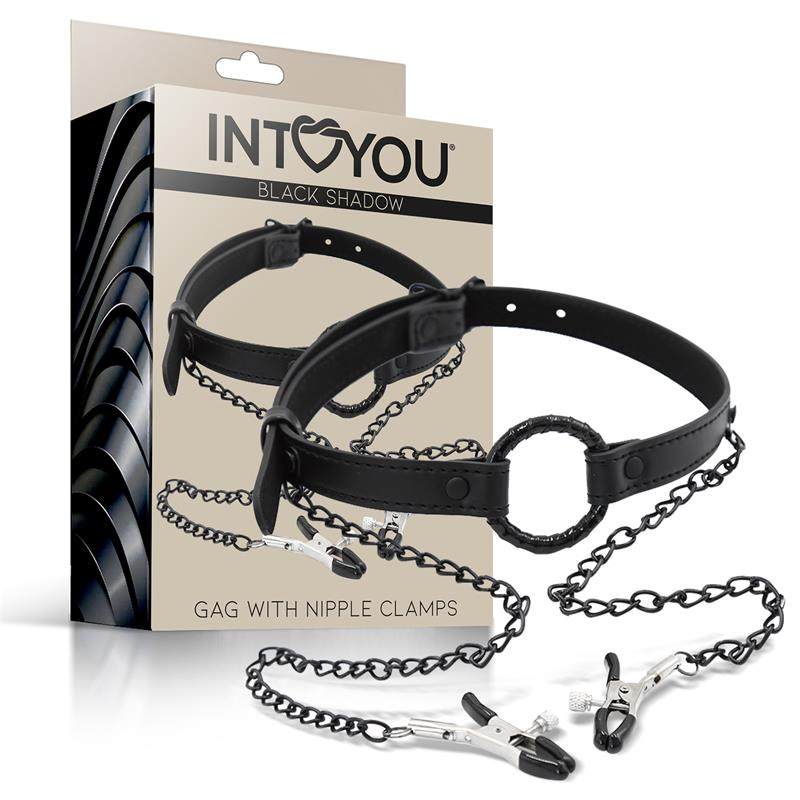 Bâillon Anneau avec pince à tétons | Gag Ring BDSM - SM chaîne et collier en cuir vegan noir mat de la gamme Black SHADOW de la marque INTOYOU vue du bâillon et sa boîte