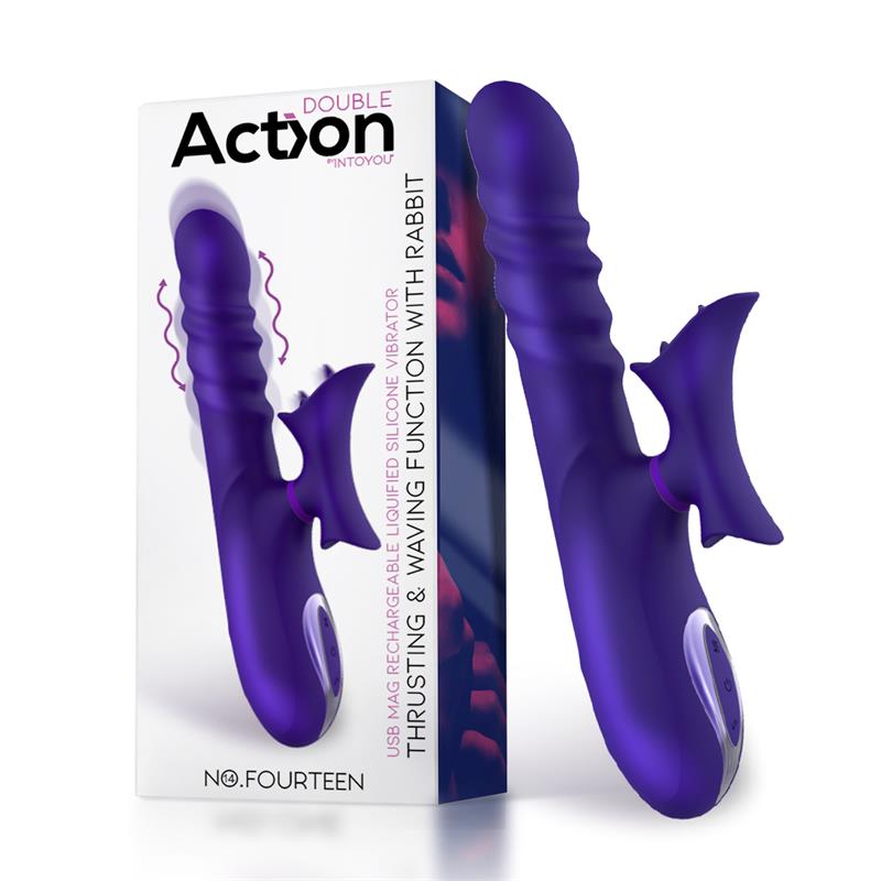 Vibromasseur télescopique ondulant avec languette à haute fréquence de la gamme Double INTOYOU de la marque Action vue du vibromasseur et de sa boîte