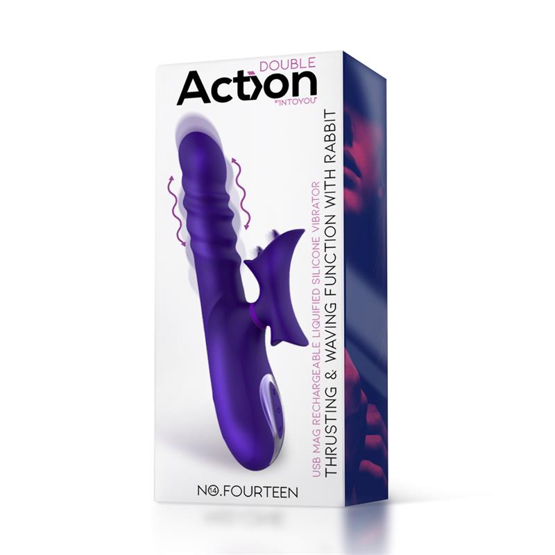 Vibromasseur télescopique ondulant avec languette à haute fréquence de la gamme Double INTOYOU de la marque Action vue avant de la boîte