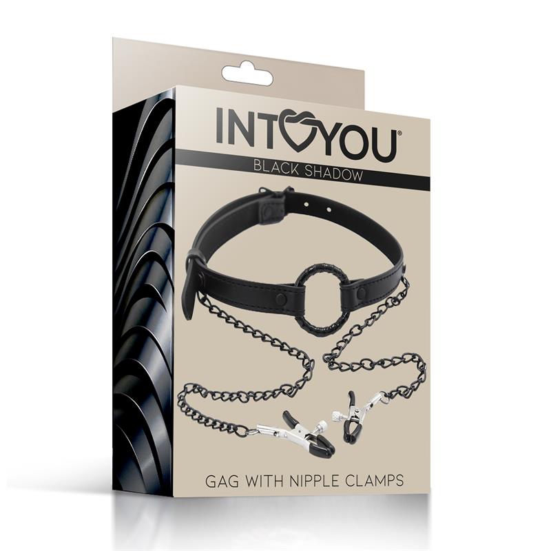 Bâillon Anneau avec pince à tétons | Gag Ring BDSM - SM chaîne et collier en cuir vegan noir mat de la gamme Black SHADOW de la marque INTOYOU vue de boîte
