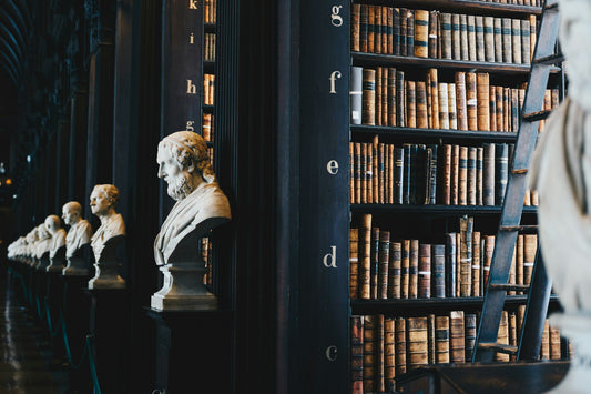 Statues dans une bibliothèque symbolisant l'histoire