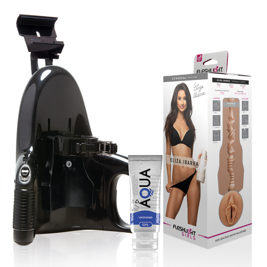 Masturbateur Eliza Ibarra + Universal Launch FLESHLIGHT + Lub 50ml AQUA vue de l'ensemble du pack