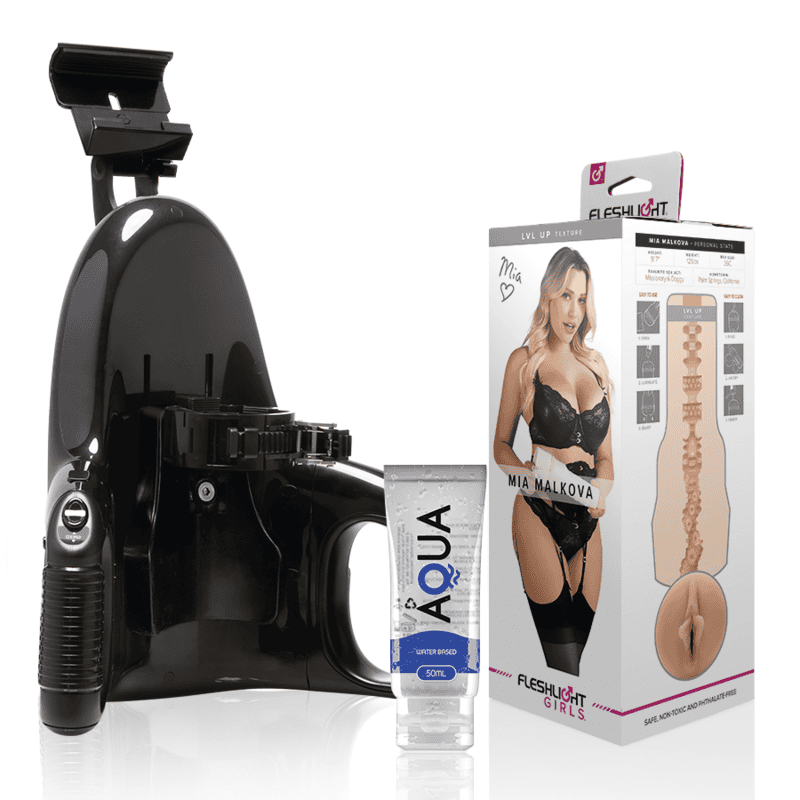 Masturbateur Mia Malkova vagin + Universal Launch FLESHLIGHT + Lub 50ml AQUA vue de l'ensemble du pack