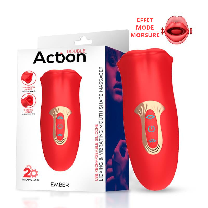 Masseur vibrant en forme de bouche avec langue EMBER de la gamme Double de la marque Action, vue de l'ensemble