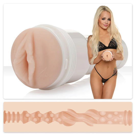 Masturbateur Elsa Jean Tasty Vagina de la gamme FleshGirl de la marque FleshLight, vue de l'ensemble masturbateur et Elsa Jean