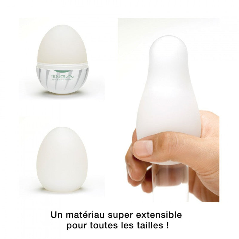 Pack de 6 œufs masturbateur assortis EasyBeat de la marque TENGA, vue détaille de l'oeuf dans sa boîte et de sa flexibilité