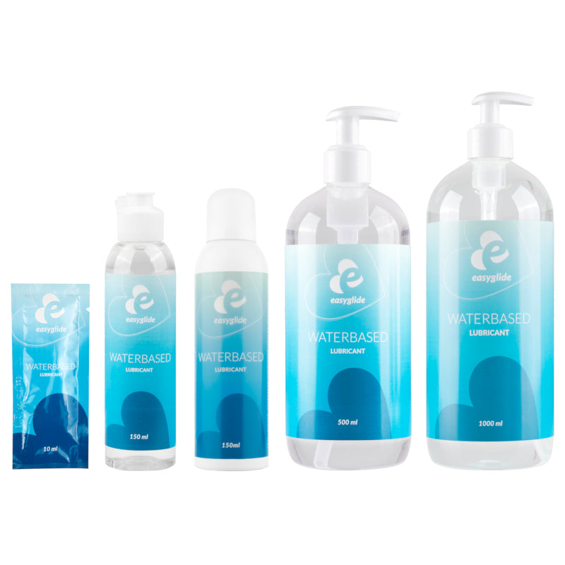 Lubrifiant à base d'eau de la marque EasyGlide, vue des différents conteneurs avant