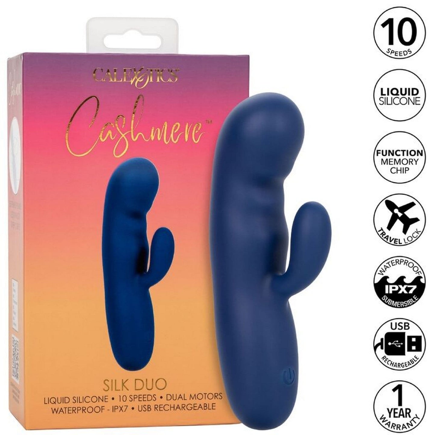 Vibromasseur Cashmere Duo Soie Bleu de California Exotics vue de la boite et de ces caractéristiques