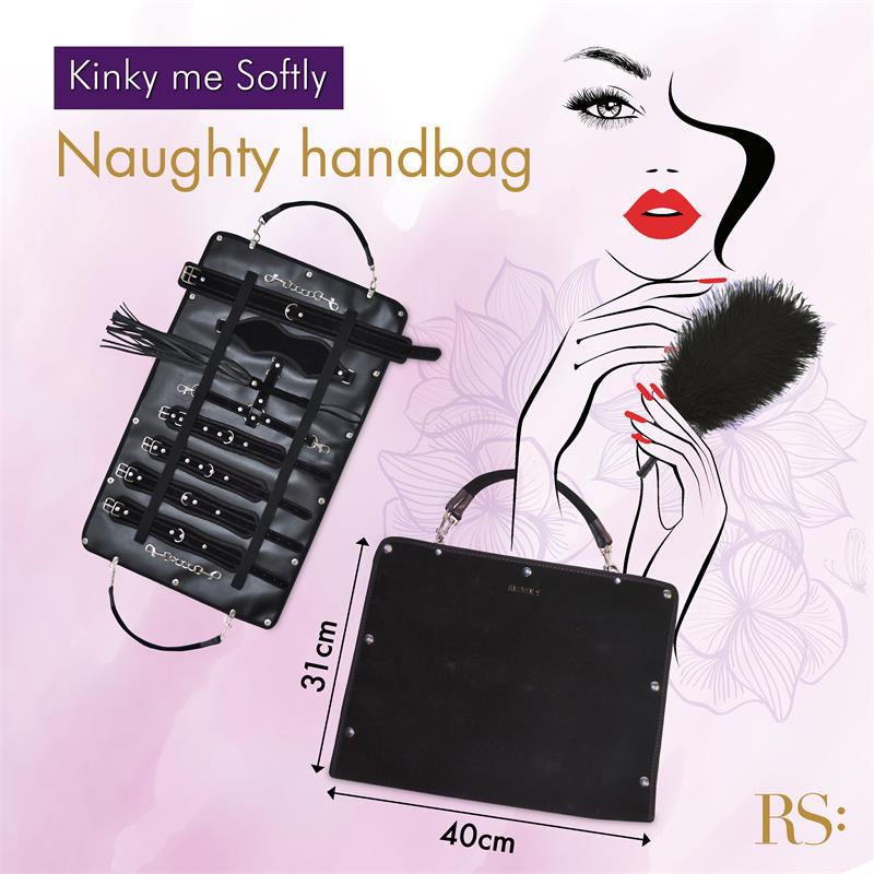 Kit BDSM pour débutant Kinky Me Softly Noir de la marque RIANNE S vue des accessoires dans son sac de transport