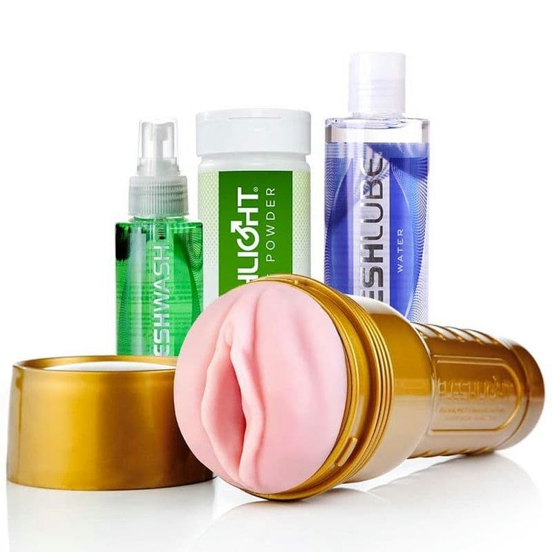 Kit Masturbateur Stamina Training Unit - FLESHLIGHT vue du masturbateur, nettoyant, poudre et lubrifiant