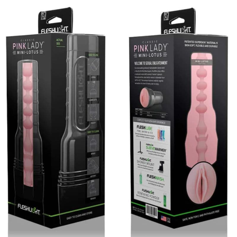 Masturbateur classic rose Lady MINI-LOTUS – FLESHLIGHT boîte vue de deux angles diferents