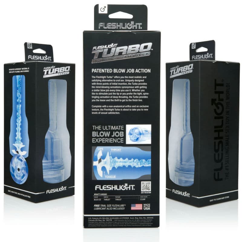 Masturbateur Turbo Thrust Blue Ice - FLESHLIGHT vue de la boîte de trois angles différents