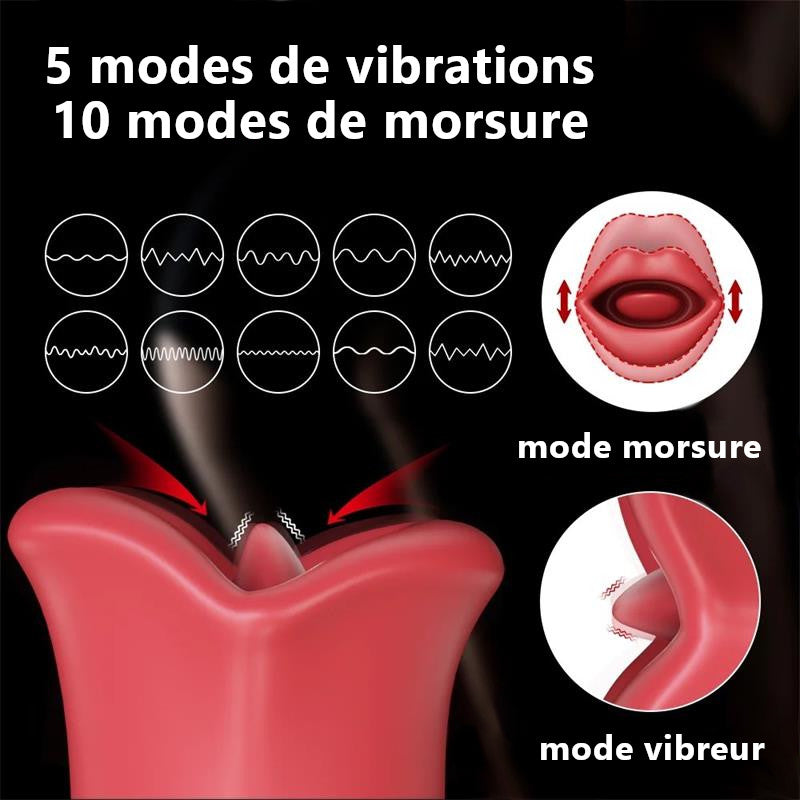 Masseur vibrant en forme de bouche avec langue EMBER de la gamme Double de la marque Action, vue détaillé des modes de vibration et de morsure