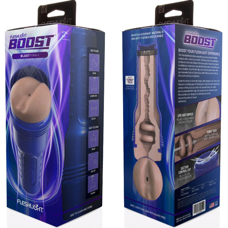 Masturbateur BLAST LM CHAIR RP - BOOST - FLESHLIGHT vue de la boîte de deux angles differents