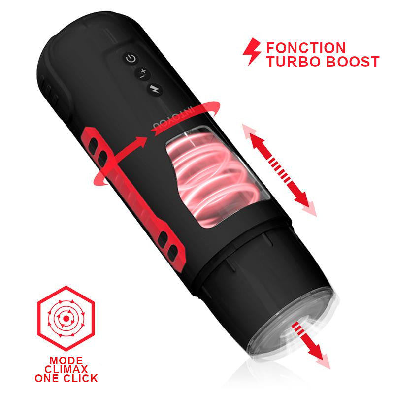 Masturbateur de pointe rotatif et gémissant Pyro de la marque INTOYOU, détaille de la fonction turbo