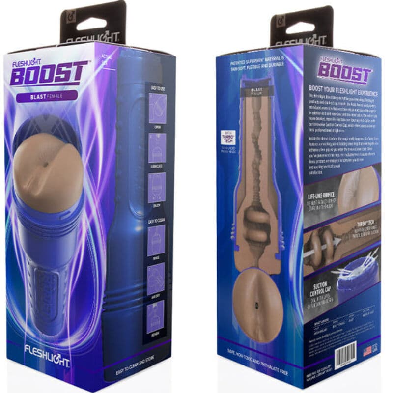 Masturbateur en forme d'anus de femme BLAST MD FLESH RP – BOOST - FLESHLIGHT vue de la boîte de deux angles differrents