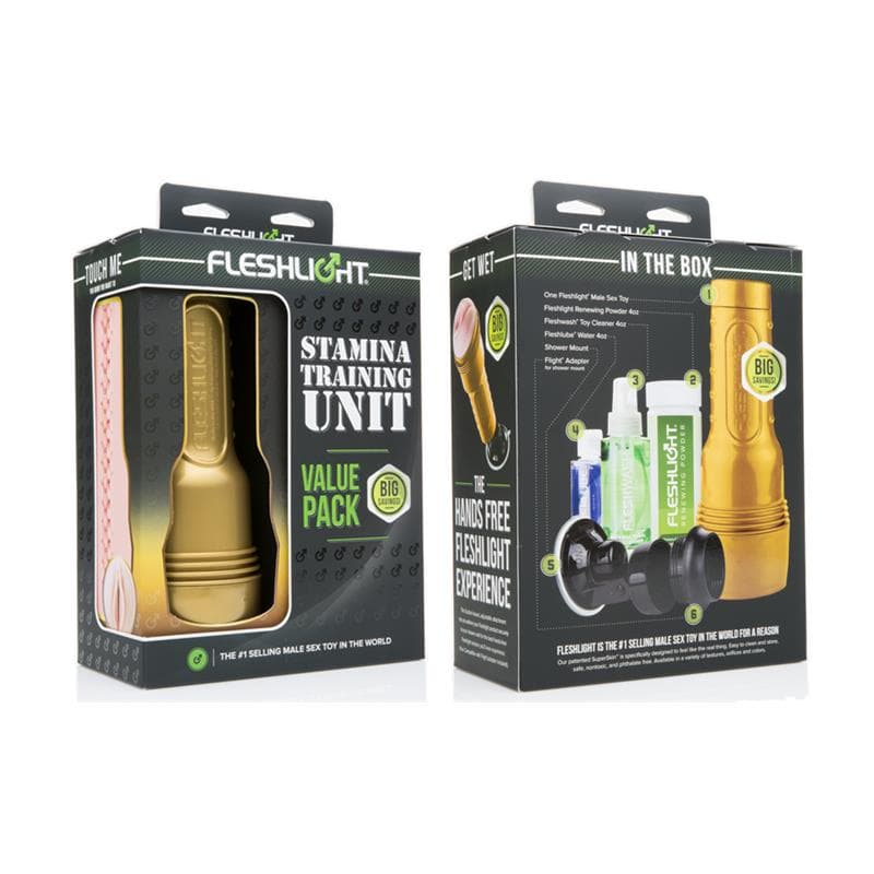 Kit Masturbateur Stamina Training Unit - FLESHLIGHT vue de deux angles de la boîte