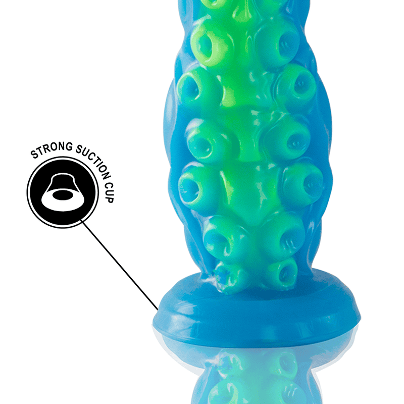 Gode silicone SCYLLA petite taille tentacule fluorescent - EPIC détaille du socle, ventouse puissante