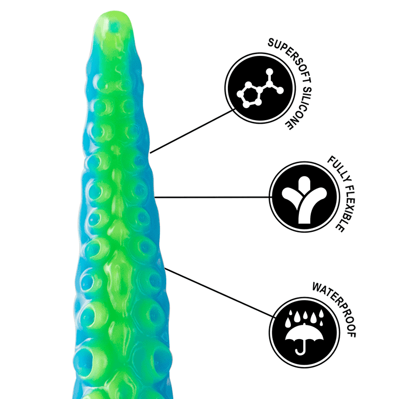 Gode silicone SCYLLA petite taille tentacule fluorescent - EPIC détaille de la flexibilité, de l'imperméabilité, de la matière