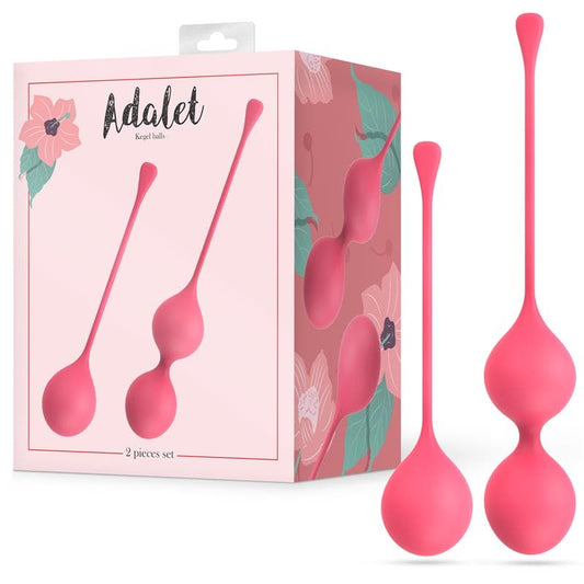 Boîte des boules de geisha Adalet avec visuel floral et présentation du set de 2 boules en silicone rose