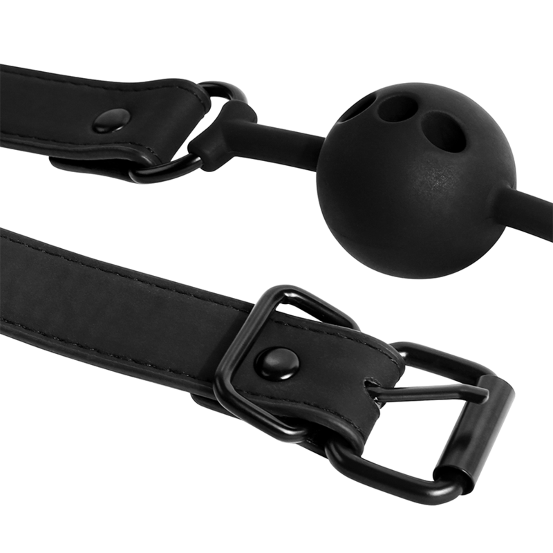 Bâillon à boule en silicone respirant - FETISH SUBMISSIVE BONDAGE détaille de la fermeture et des accroches de la balle