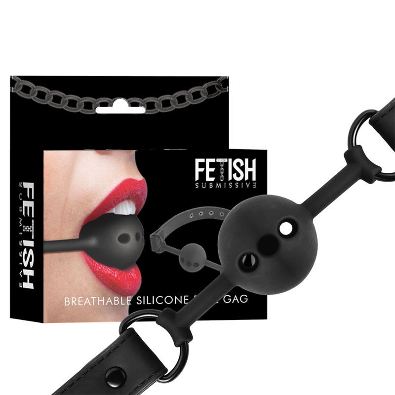 Bâillon à boule en silicone respirant - FETISH SUBMISSIVE BONDAGE Produit et sa Boîte