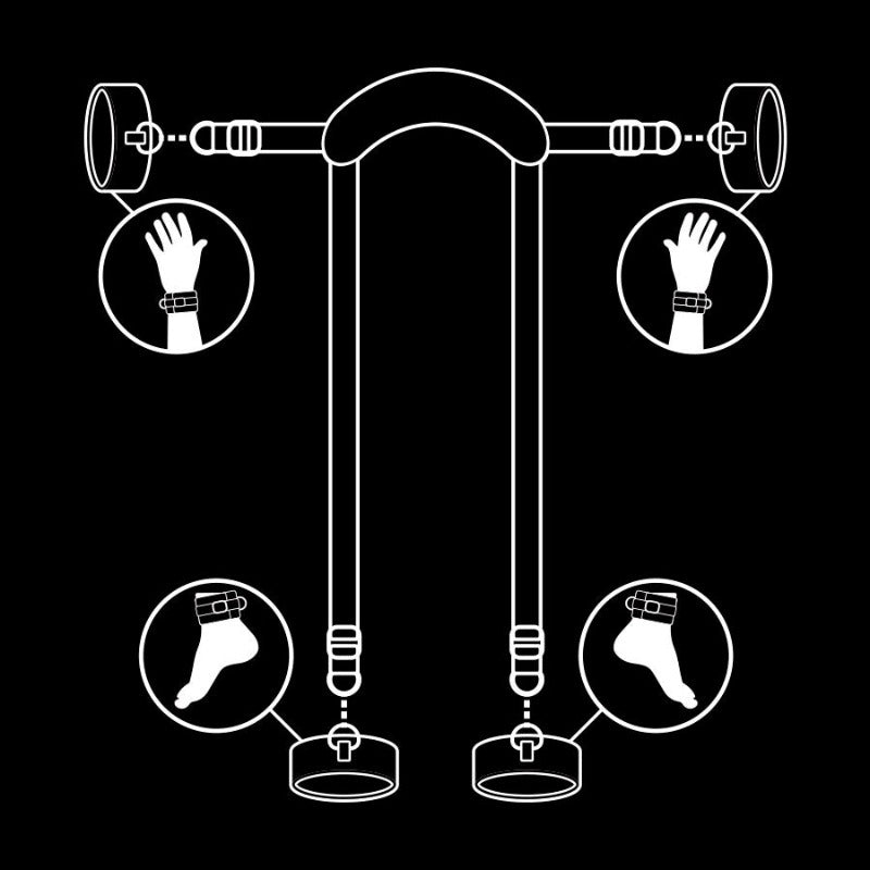 Position Maître avec 4 menottes doublées de néoprène - FETISH SUBMISSIVE BONDAGE détaille en dessin de la possibilité d'usage du produit