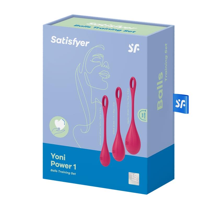 Boîte du set d'entraînement Yoni Power 1 de Satisfyer, contenant trois boules de geisha rouges, design bleu et vert.