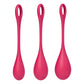 Gros plan sur les boules de geisha Yoni Power 1 rouges, avec le logo Satisfyer visible sur chaque pièce.