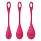 Gros plan sur les boules de geisha Yoni Power 1 rouges, avec le logo Satisfyer visible sur chaque pièce.