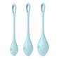 Ensemble des trois boules de geisha Satisfyer Yoni Power 2 vues de face, en silicone bleu clair
