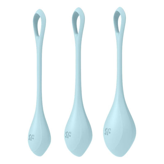 Ensemble des trois boules de geisha Satisfyer Yoni Power 2 vues de face, en silicone bleu clair