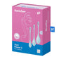 Packaging du Satisfyer Yoni Power 2 bleu clair, avec design rose et bleu, montrant les trois boules à l’avant.