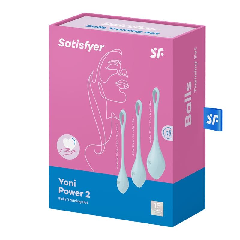 Packaging du Satisfyer Yoni Power 2 bleu clair, avec design rose et bleu, montrant les trois boules à l’avant.