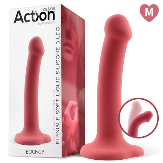 Godemiché en silicone liquide super flexible 18cm taille M de la gamme Action de la marque INTOYOU vue du gode et sa boîte rose