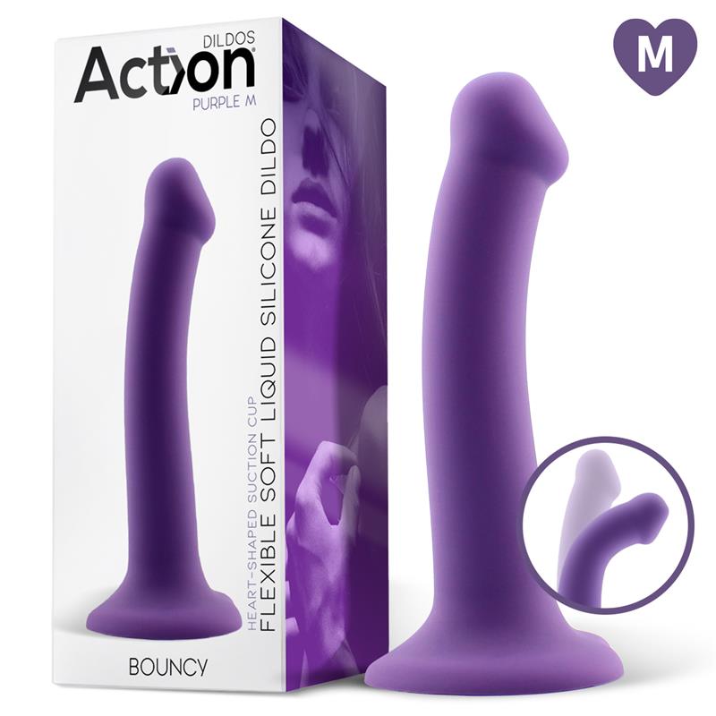 Godemiché en silicone liquide super flexible 18cm taille M de la gamme Action de la marque INTOYOU vue du gode et sa boîte violet