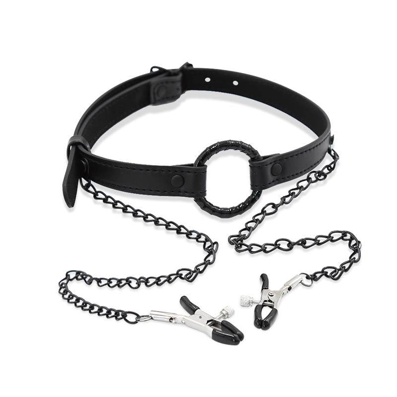 Bâillon Anneau avec pince à tétons |  Gag Ring BDSM - SM chaîne et collier en cuir vegan noir mat de la gamme Black SHADOW de la marque INTOYOU vue du bâillon