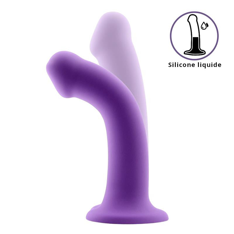 Godemiché en silicone liquide super flexible 18cm taille M de la gamme Action de la marque INTOYOU vue du gode avec flexibilité violet