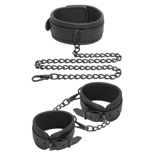 Kit de collier avec menottes et chaîne en cuir vegan noir mat de la gamme Black SHADOW de la marque INTOYOU vue du collier et des menottes avec la chaîne