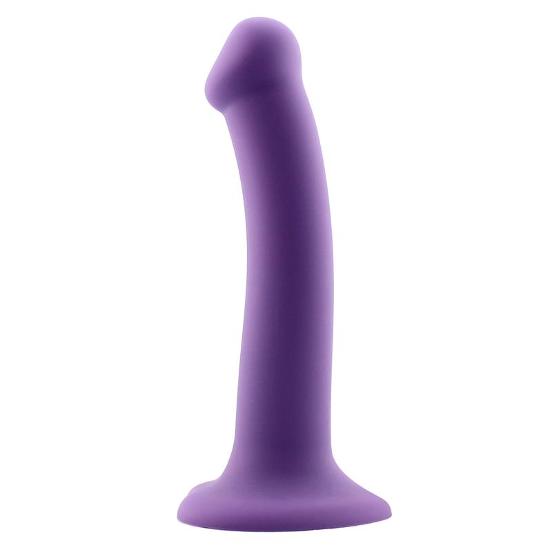 Godemiché en silicone liquide super flexible 18cm taille M de la gamme Action de la marque INTOYOU vue de côté du gode violet