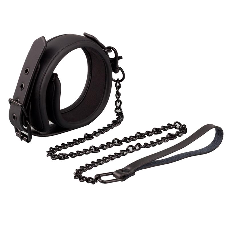 Collier avec laisse en cuir vegan noir mat de la gamme Black SHADOW de la marque INTOYOU vue du collier et sa laisse de côté