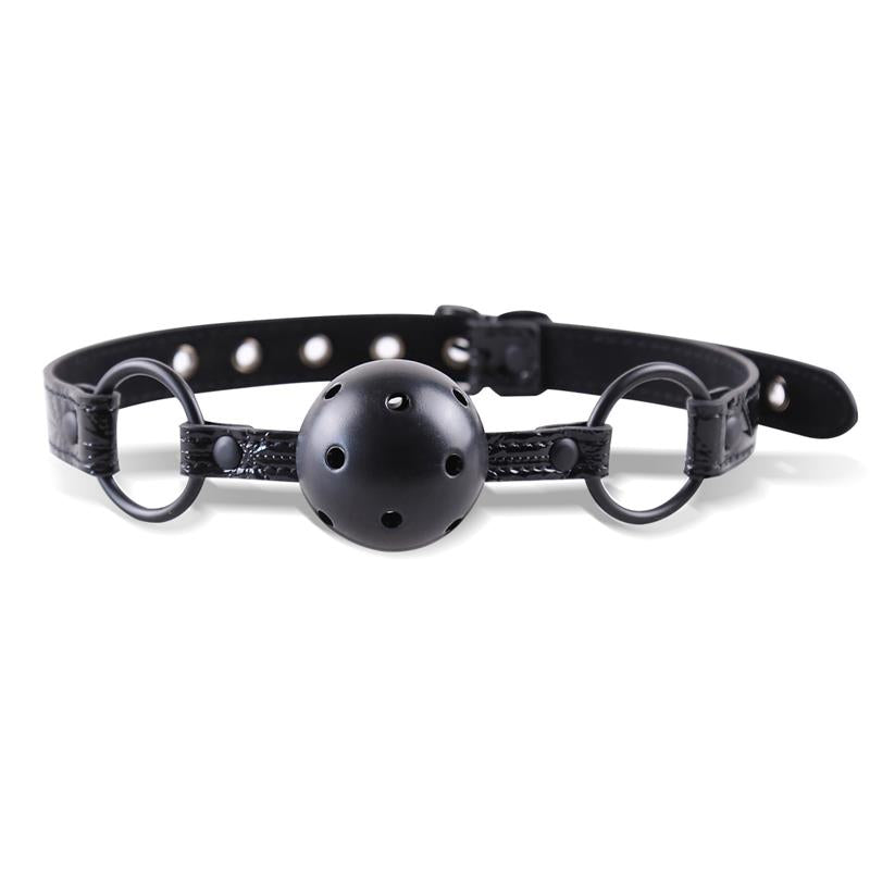 Gag Ball respirable en cuir vegan de la gamme SAPPHIRE Black de la marque INTOYOU vue de devant